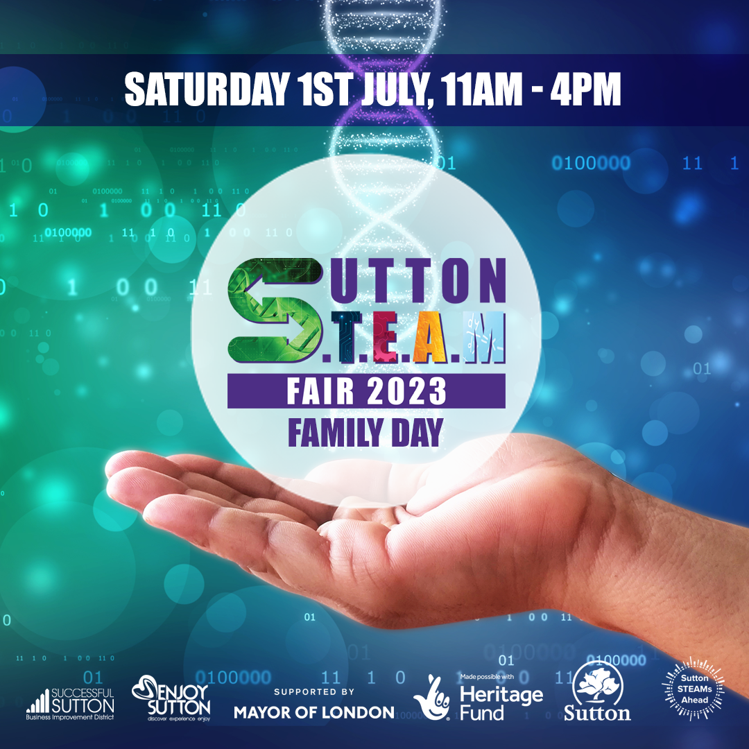 Hand holding a circling with wording STEAM Fair 2023