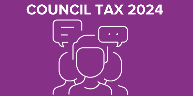 Purple background with outline of 3 people with speech boxes above them asking questions, text reads Council Tax 2024