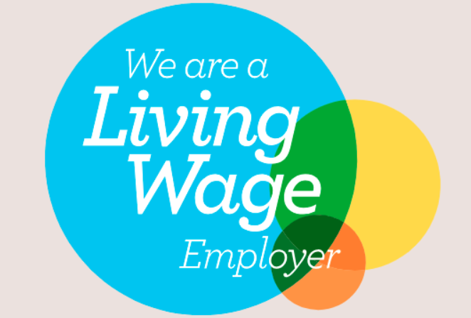 Blue circle with 'We are a living wage employer' and a yellow and orange circle