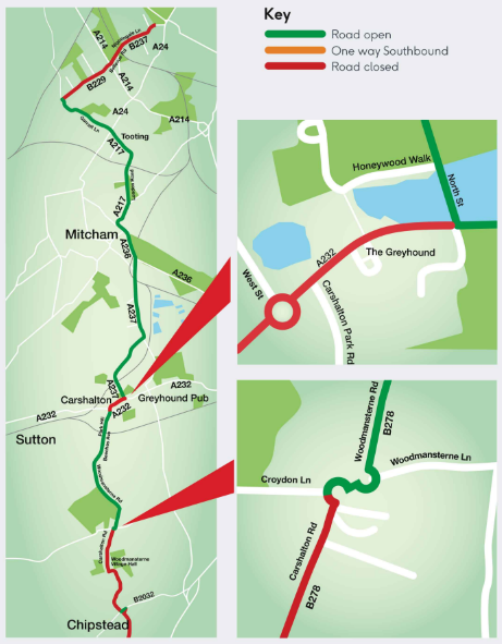 A map showing the planned road closures for the London to Brighton bike ride