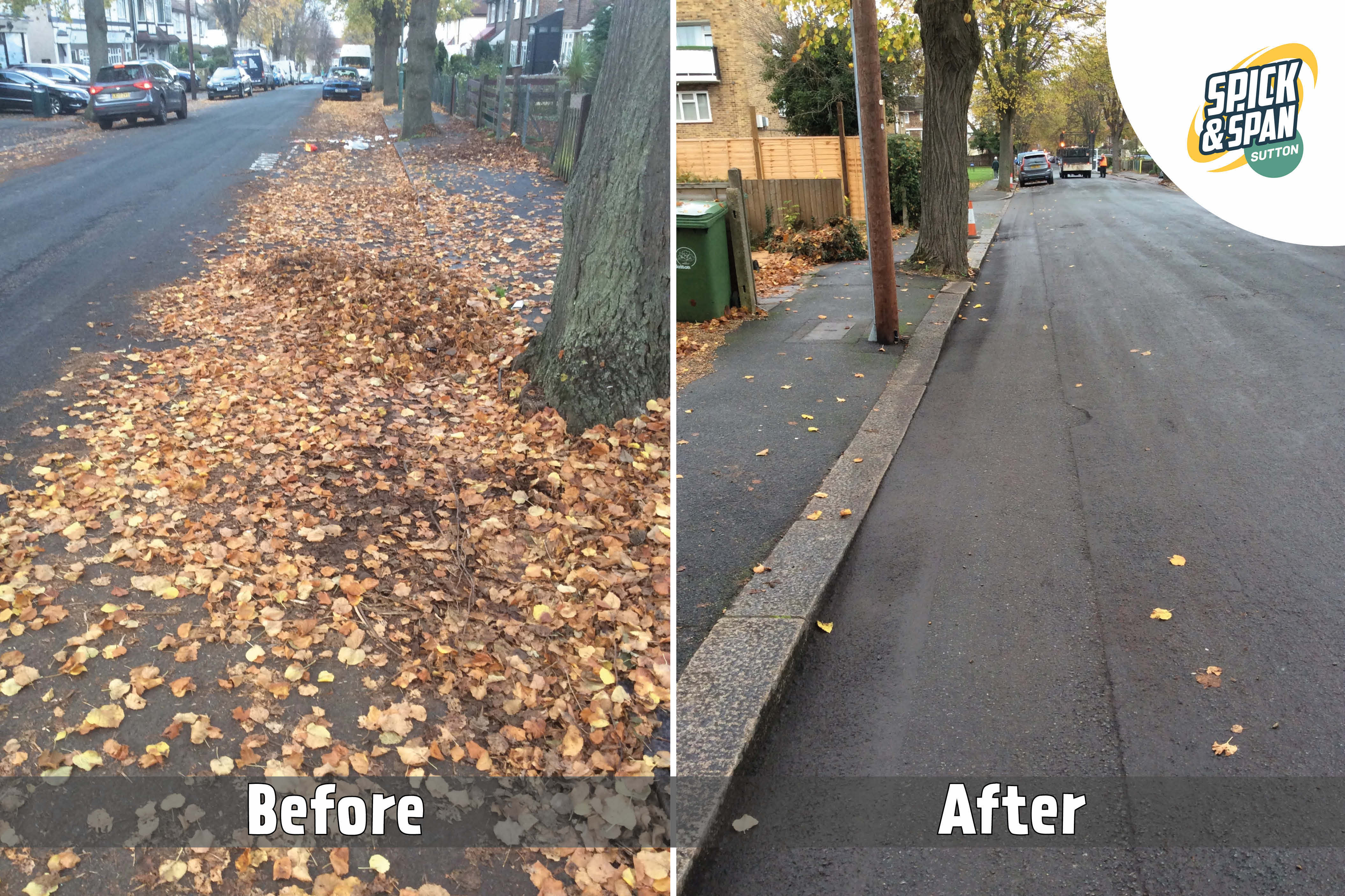 A road with a large amount of fallen leaves and then the same road free of leaves