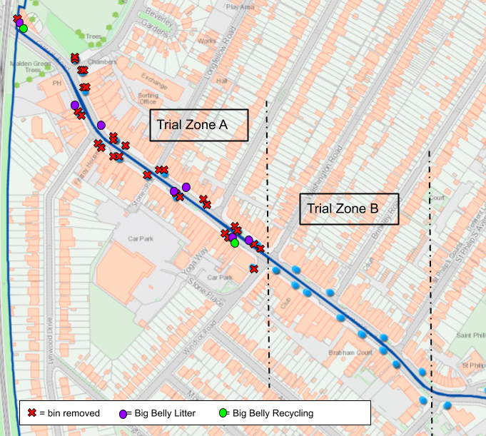 A map to show changes to Central Road as part of the Smarter Bins trial