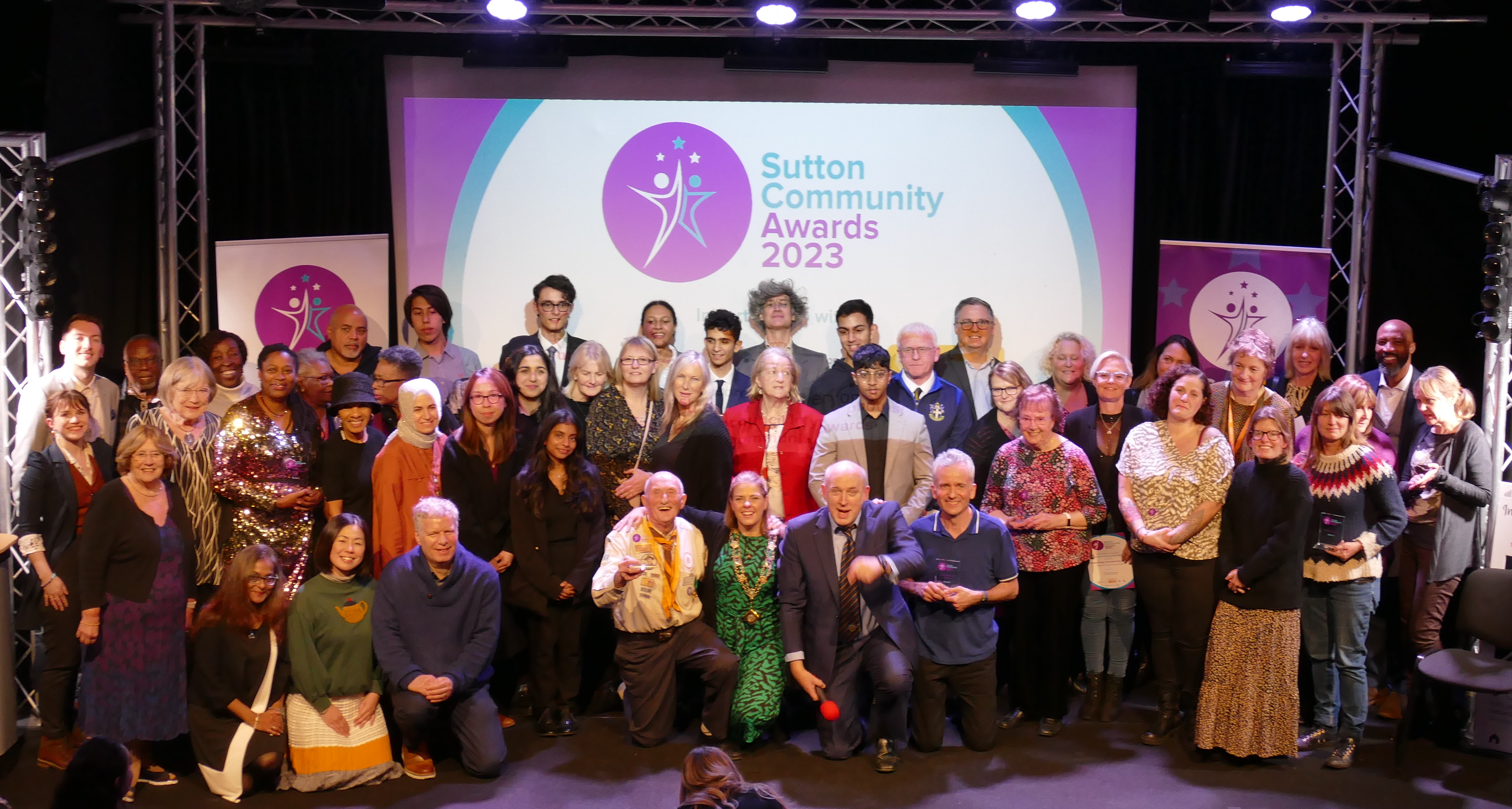 Sutton Community Award 2023 nominees on stage at the Cryer Arts, Carshalton 