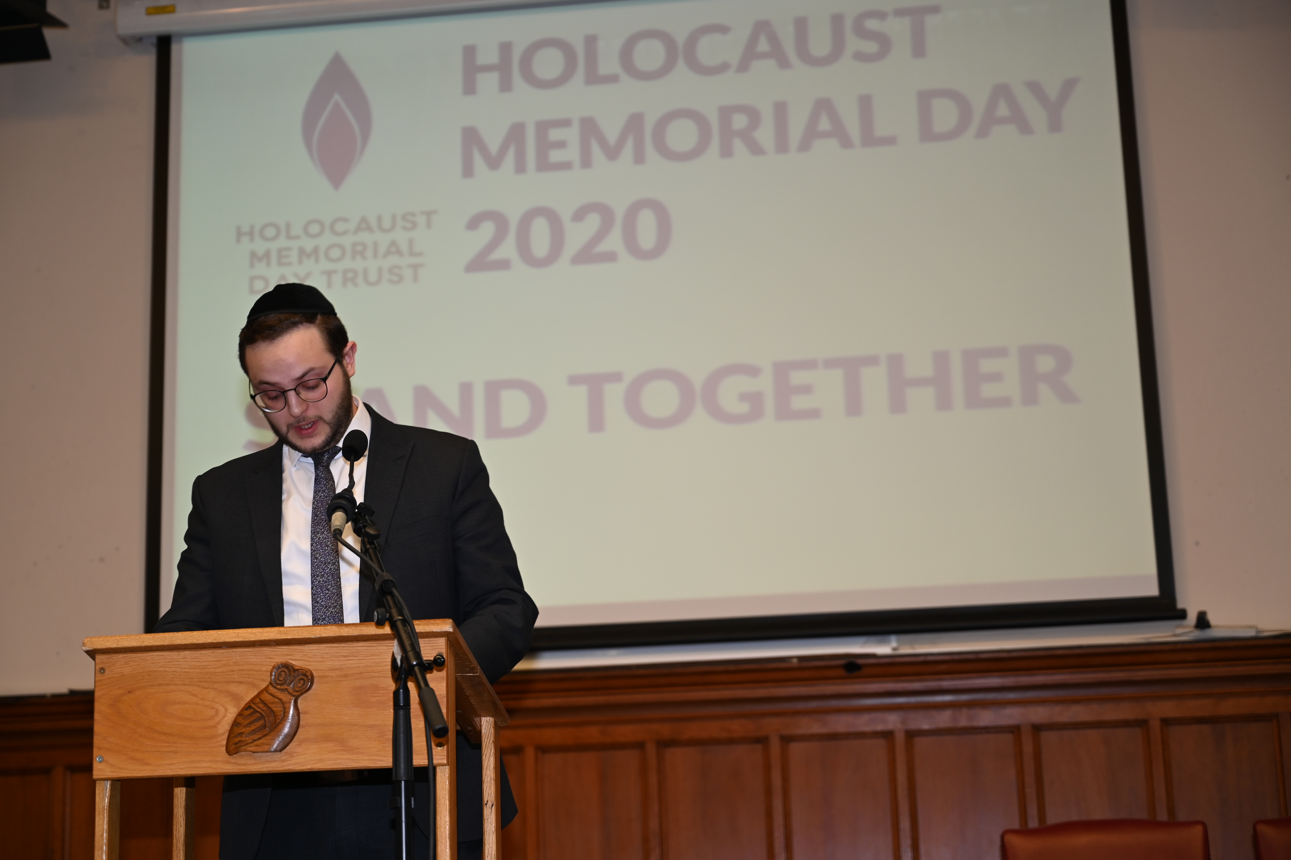 Revered Shmully Aronson speaking on Holocaust Memorial Day