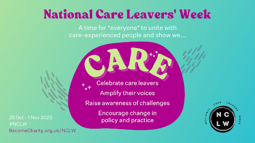 National Care Leavers' Week logo in light purple and light shades of green and teal. A time for everyone to unite with care experienced people and show we care