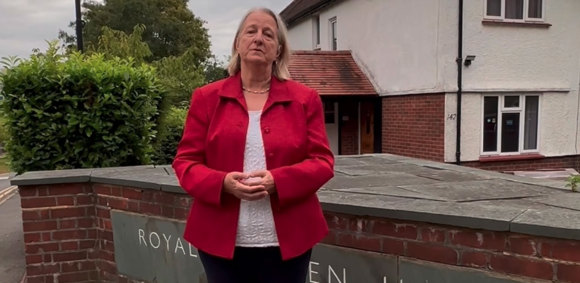 Leader of the council, Councillor Ruth Dombey outside the Royal Marsden, Sutton