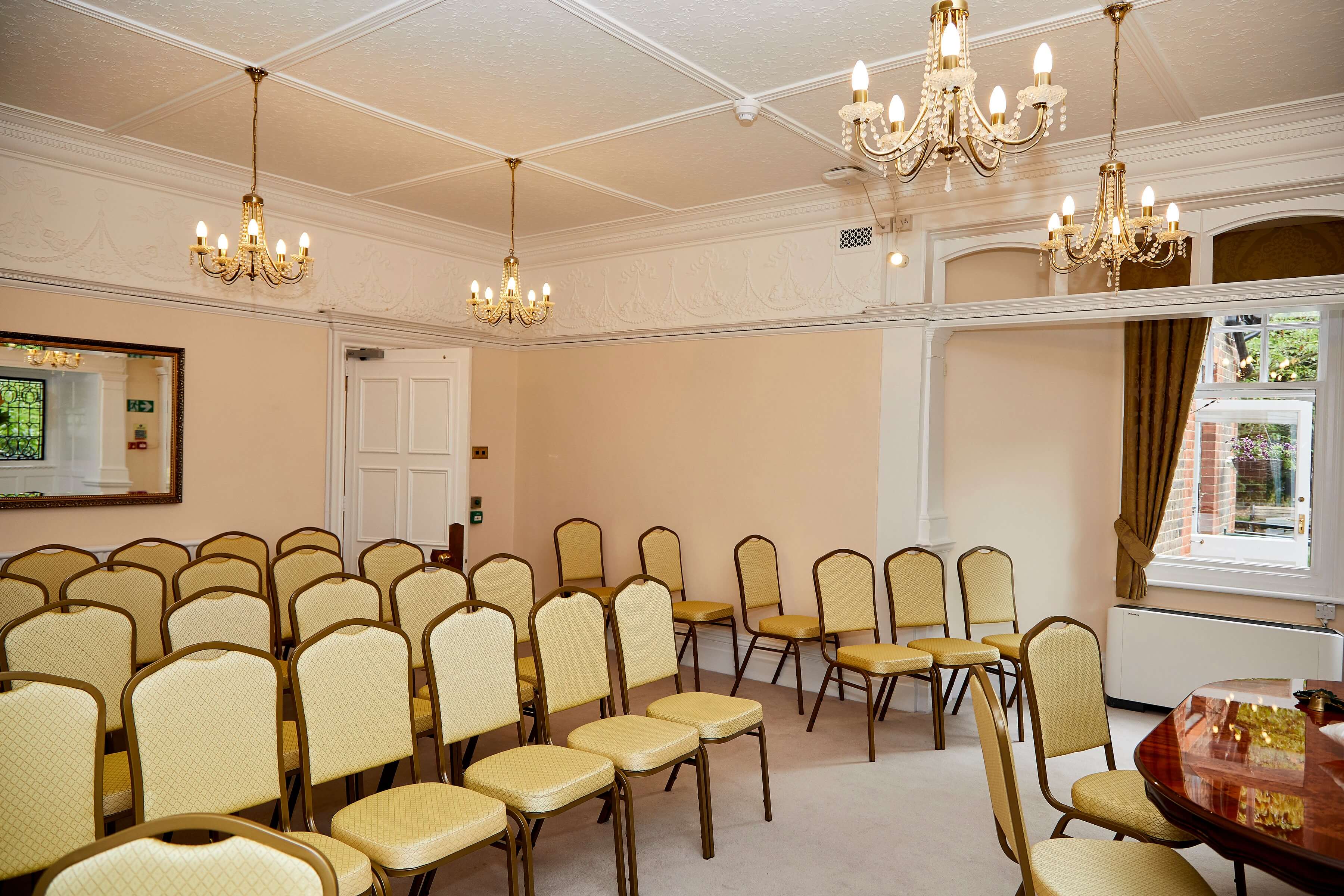 The drawing room set up for a ceremony