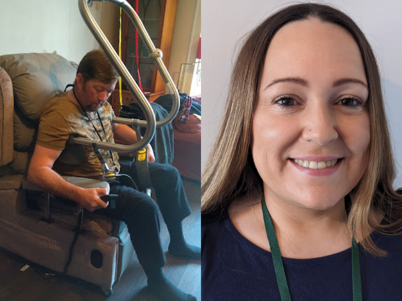 A collage of Andrew, using his home equipment, and Nicola, an Occupational Therapist