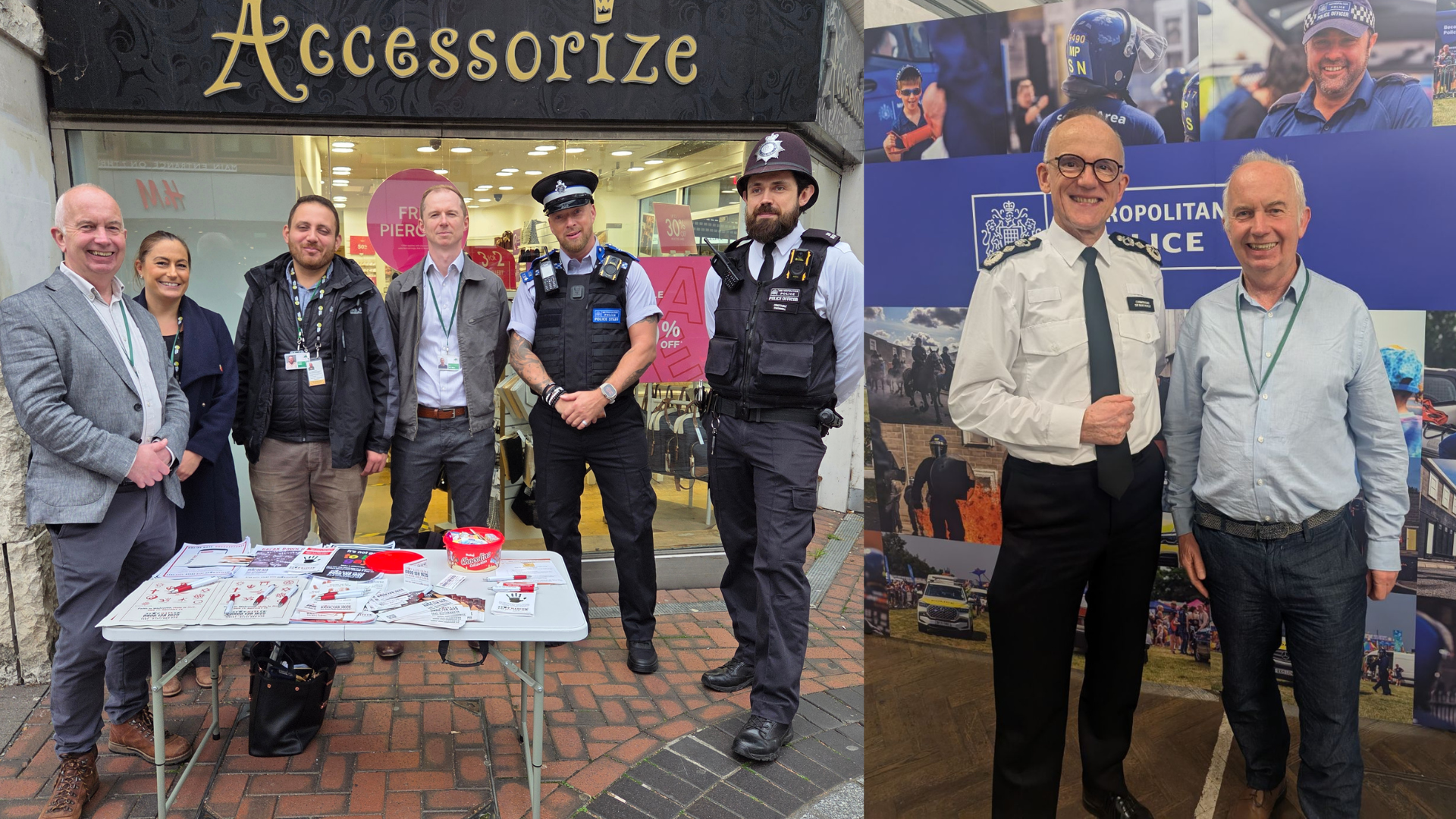 Picture on the left shows Leader of the Council, Councillor Barry Lewis at the Hate Crime Awareness Week stand in Sutton High Street with members from Sutton Council and the Metropolitan Police. Picture on the right shows Metropolitan Police Commissioner Mark Rowley with Councillor Barry Lewis