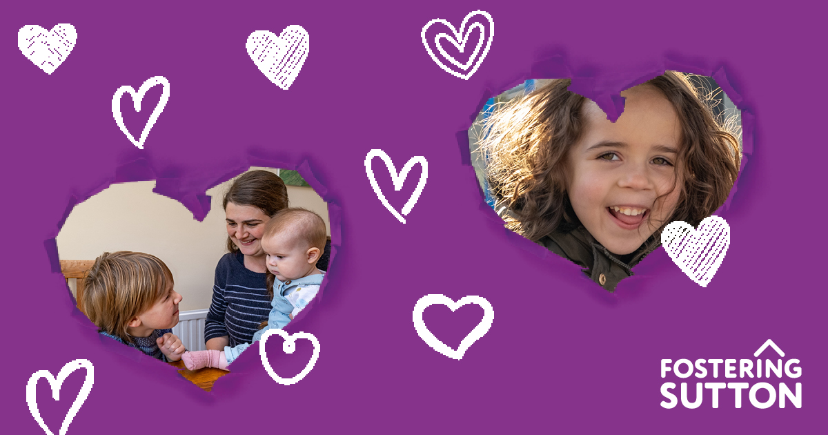Image in purple with white hearts dotted around, shows a cut-out heart shape showing a young girl with brown curly hair smiling happily and another cut-out heart showing a mum smiling down at a young toddler looking up at her with a young baby sitting next to her