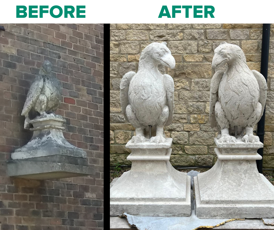 Eagle stone statues showing before and after being repaired