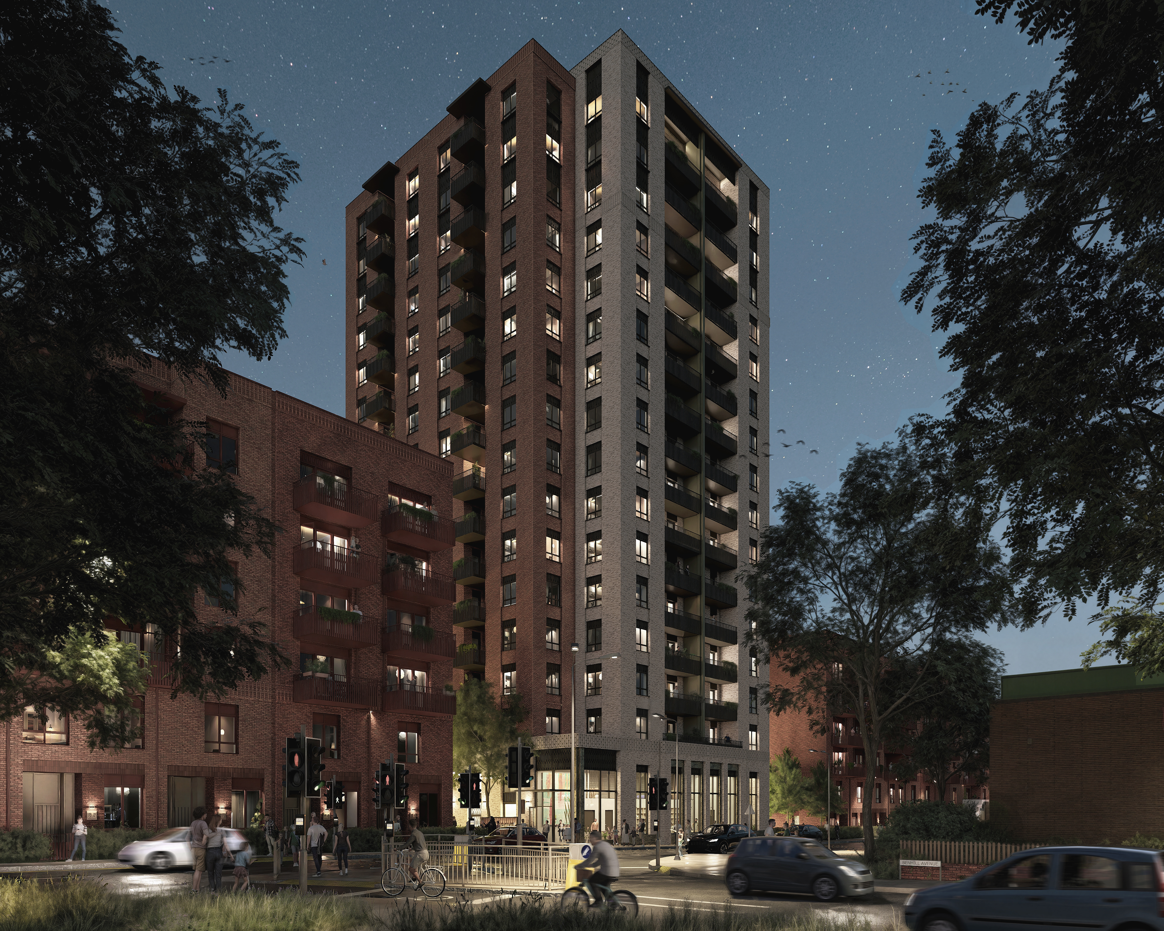 CGI render of a tower block at night in a suburban area