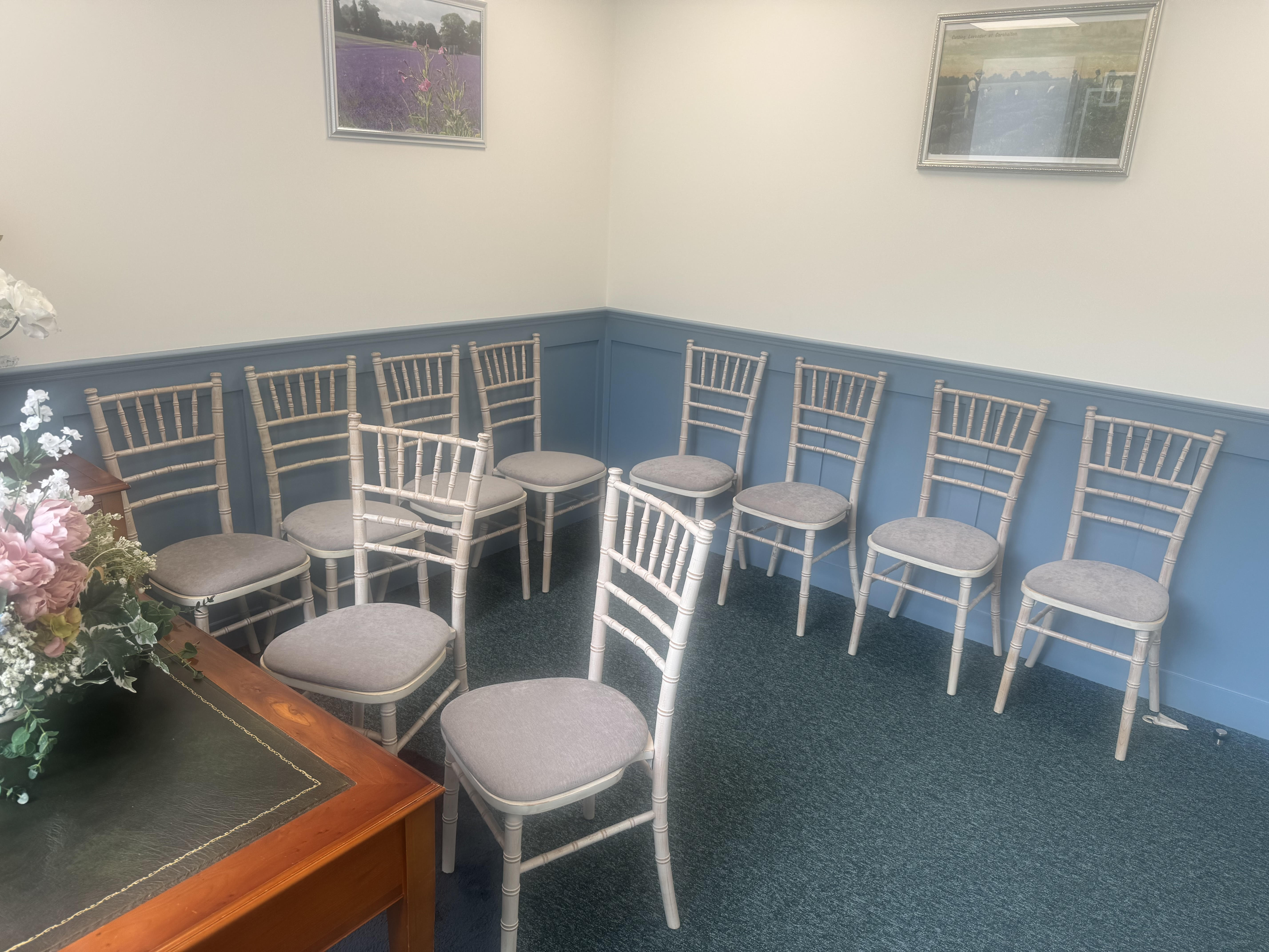 Photograph to show layout of Lavender Room set up for ceremony