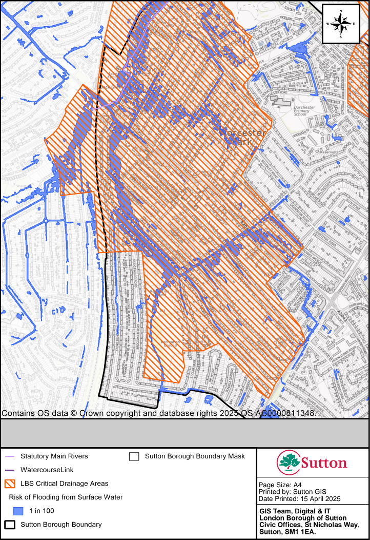 Map showing the critical drainage area outline and risk of flooding