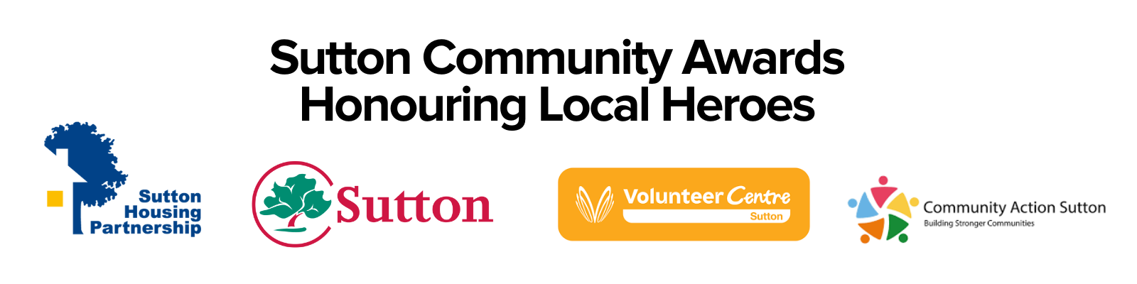 A picture of the SHP logo, Sutton Council logo, Volunteer Centre Sutton logo and Community Action Sutton logo