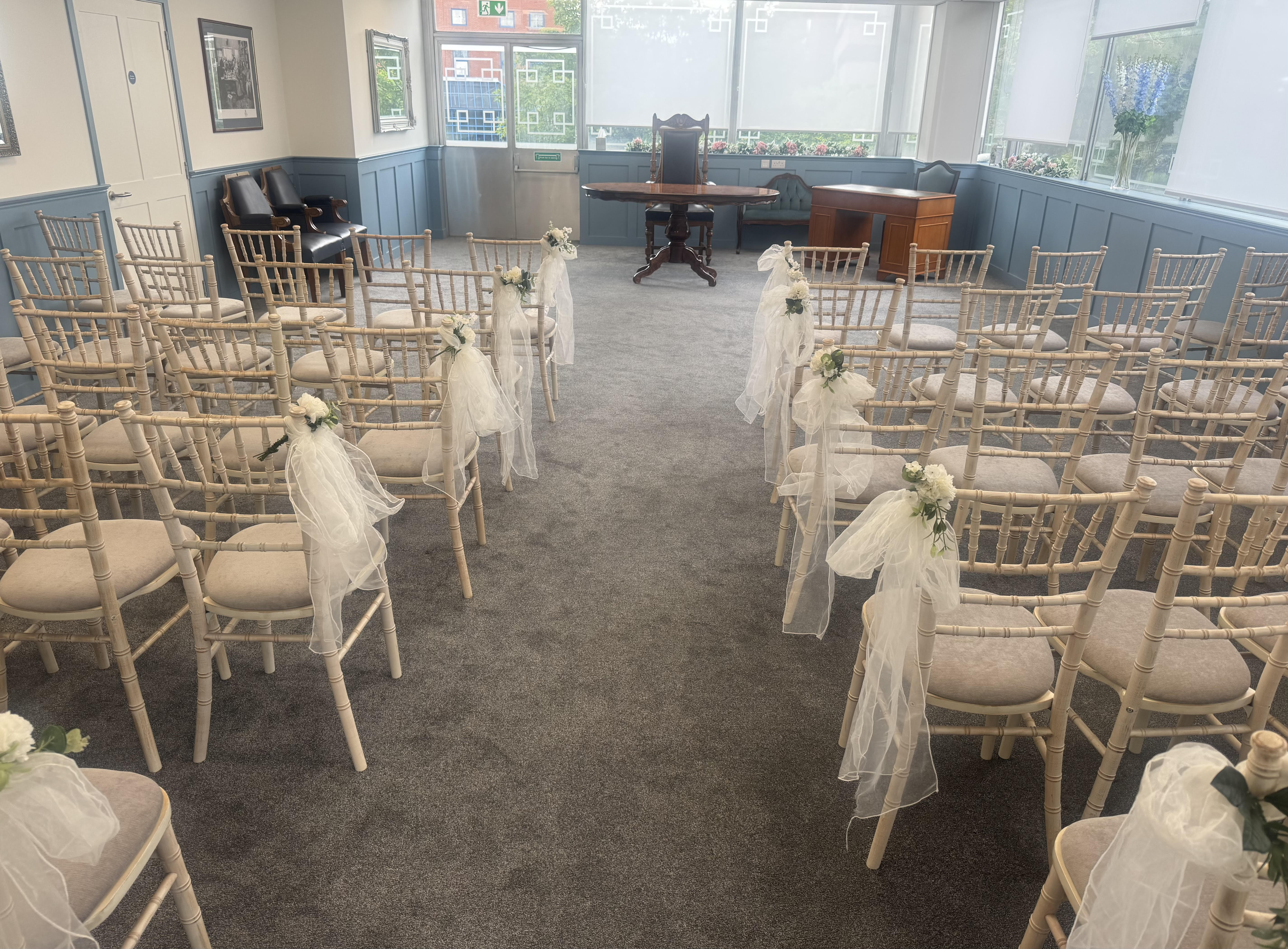 Photograph to show The Oaks Room set up for ceremony